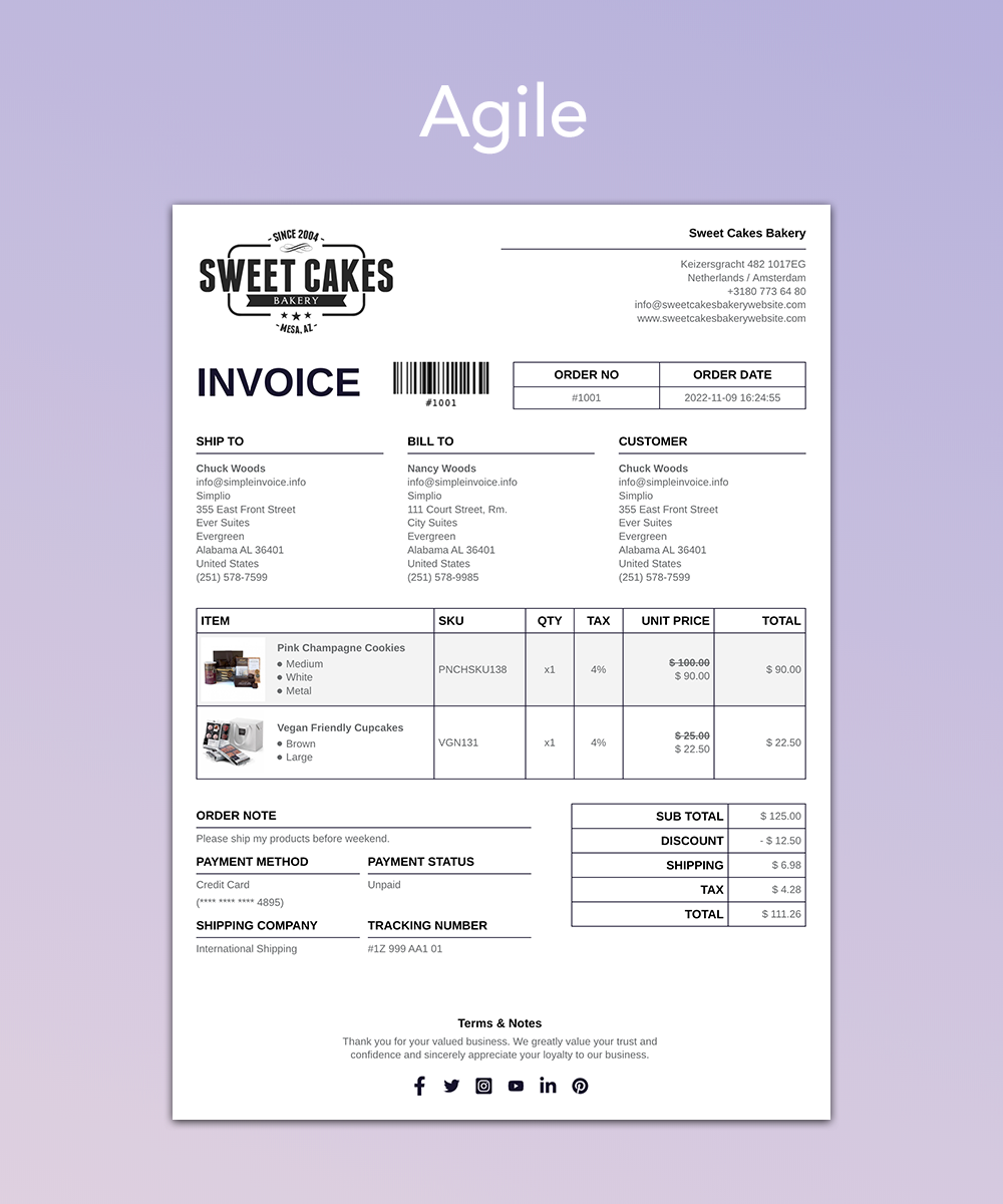 Agile Invoice Template for Shopify Order Printer