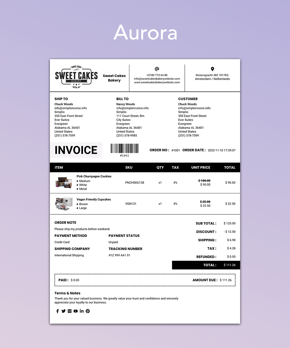 Aurora Invoice Template for Shopify Order Printer