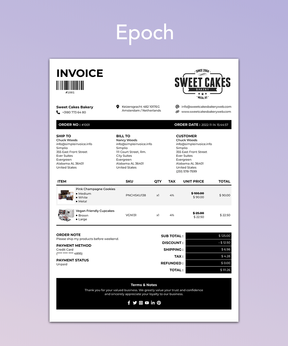 Epoch Invoice Template for Shopify Order Printer