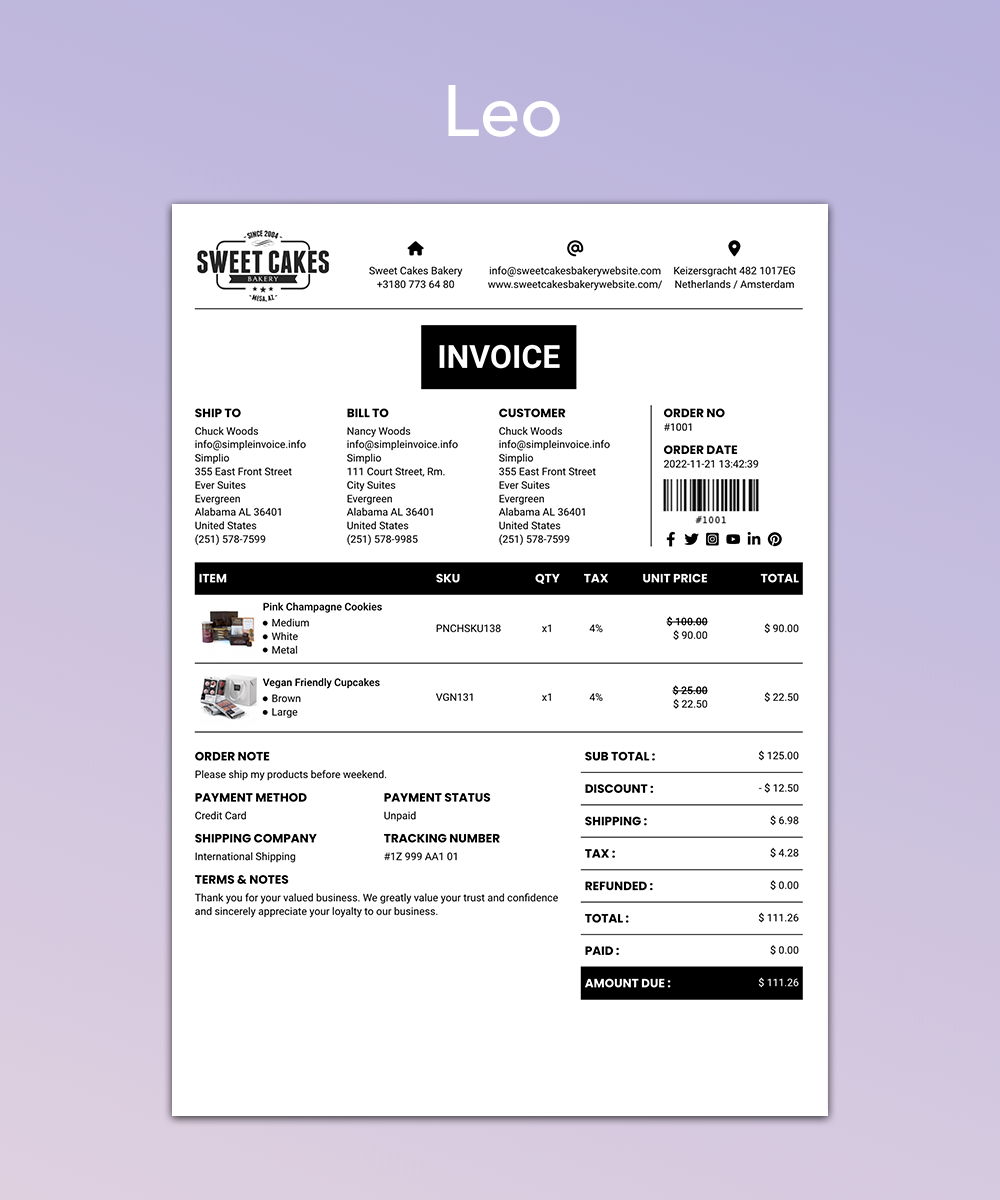 Leo Invoice Template for Shopify Order Printer