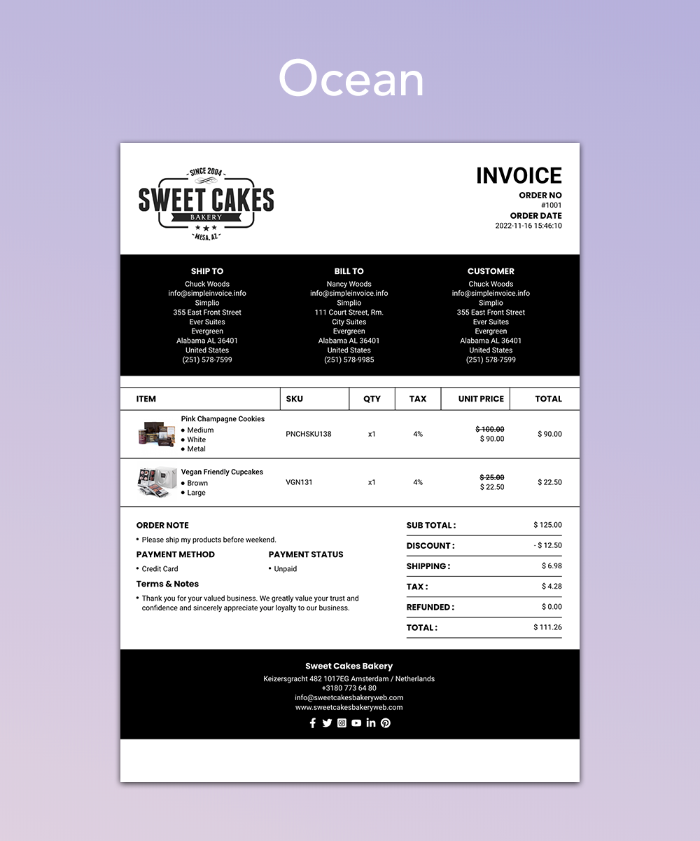 Ocean Invoice Template for Shopify Order Printer