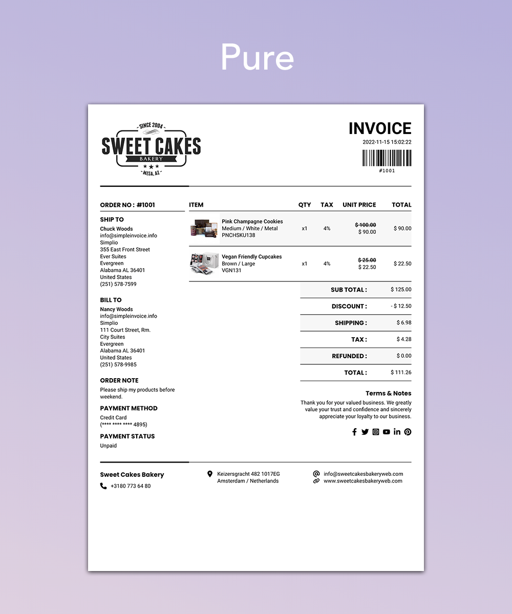 Pure Invoice Template for Shopify Order Printer