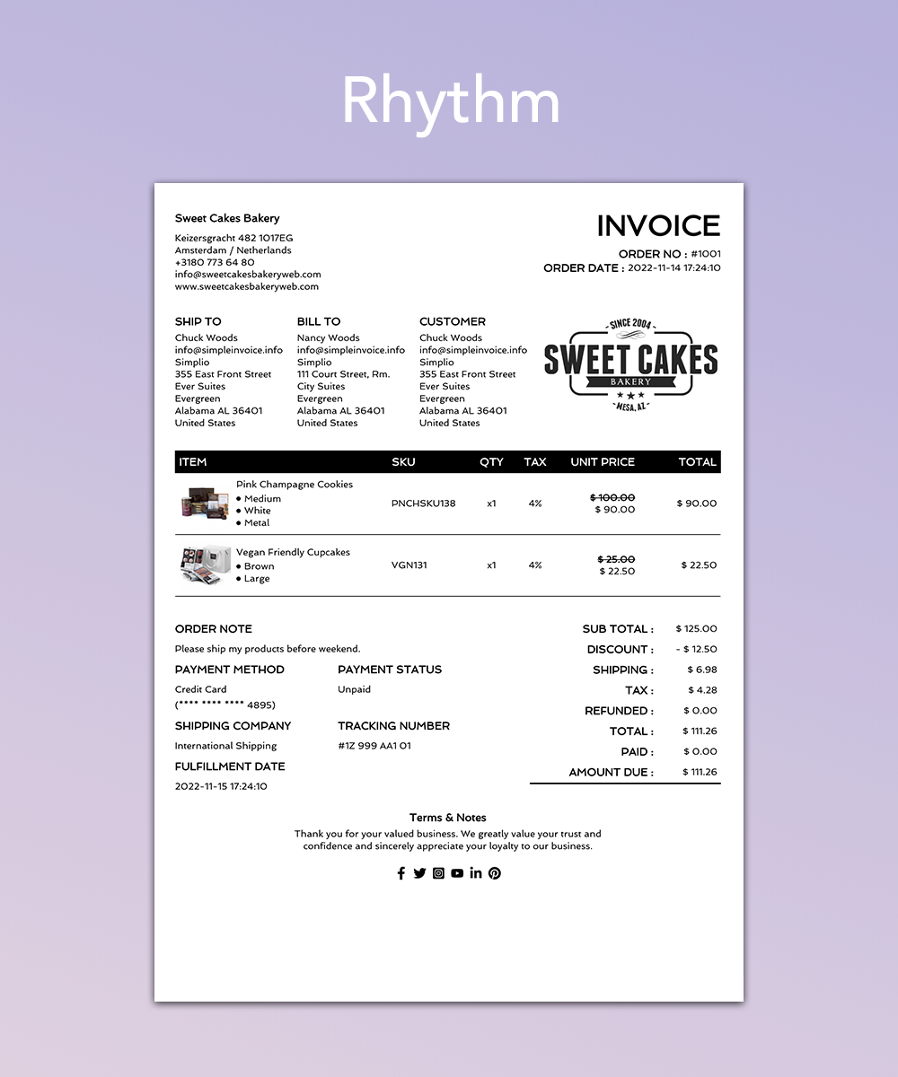 Rhythm Invoice Template for Shopify Order Printer