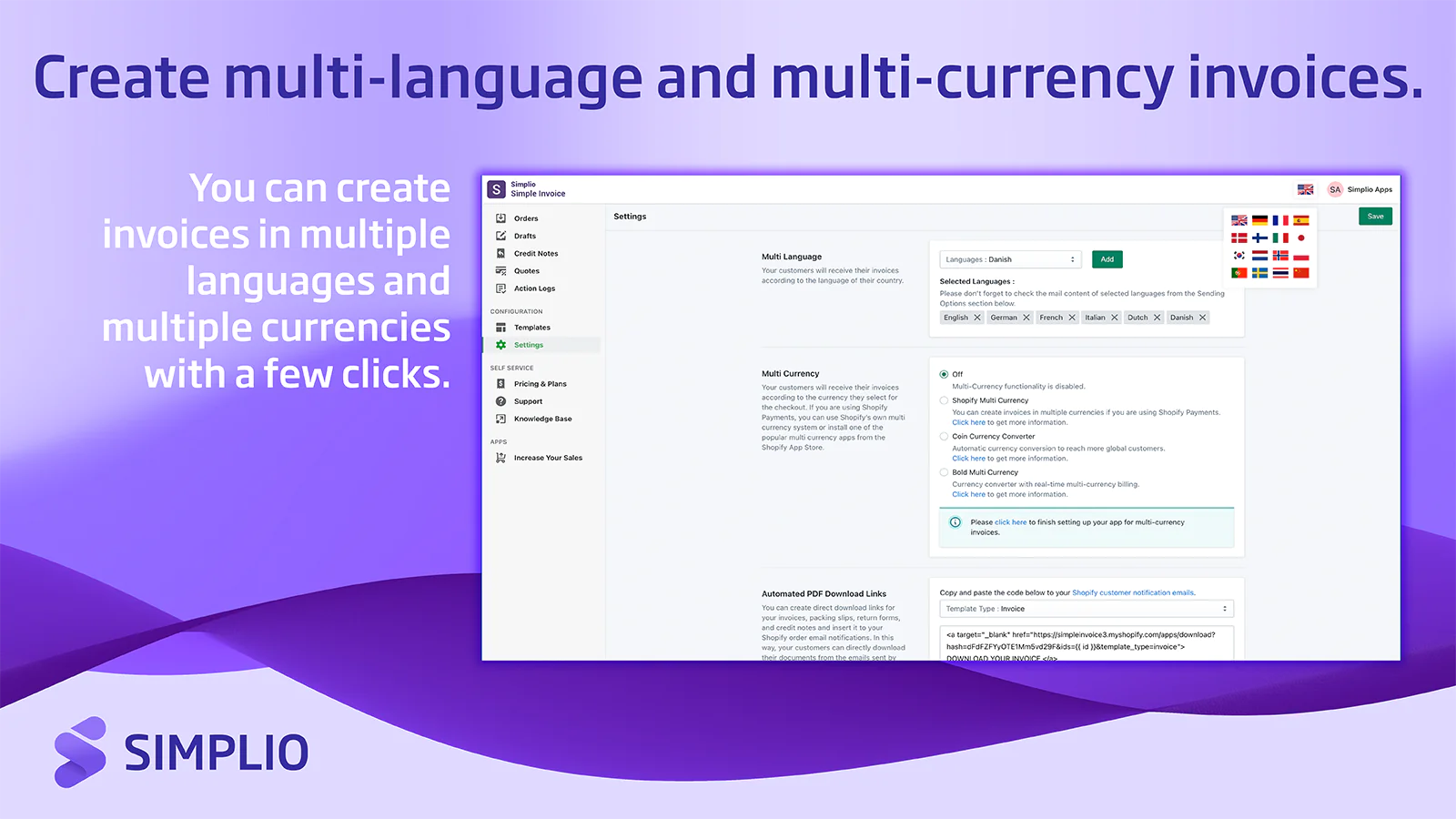 Create multi-language and multi-currency invoices.